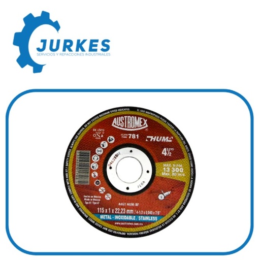 AUS-781 - Disco Para Corte De Metal 4.1/2"X3/64"X7/8"