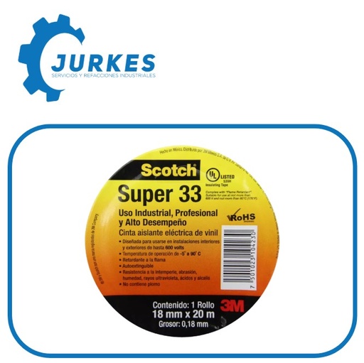 SUPER33 - Cinta Aislante 18X20 Vinil Negro Scotch Super 33 3M