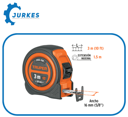 12771- Flexómetro compacto contra impactos 3 m cinta 16 mm, TRUPER